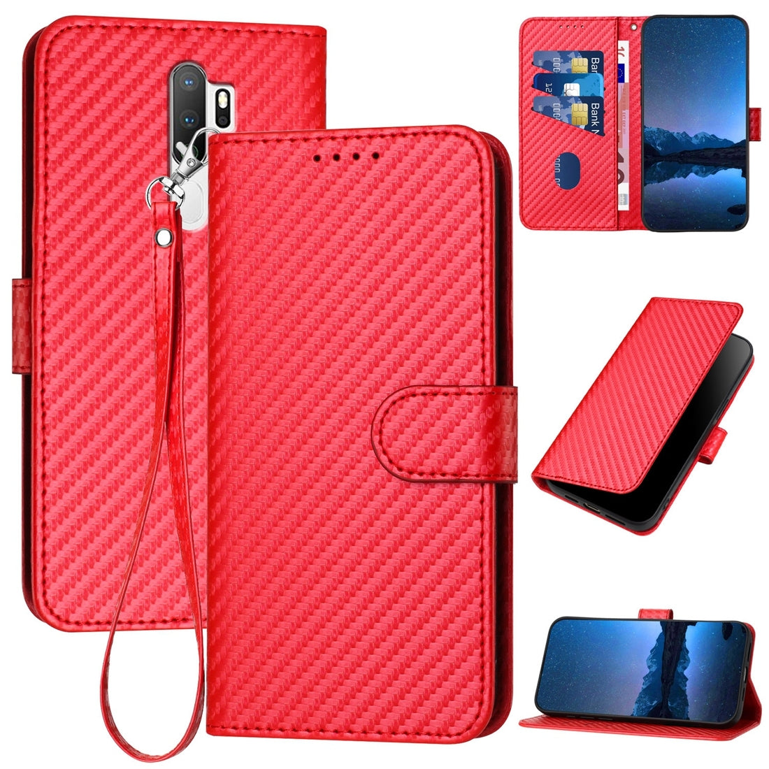 OPPO A11x Carbon Fiber Buckle Leather Phone Case with Lanyard, PU Leather TPU Wallet Cover with Card Slot, Cash Compartment, Stand Function & Scratch Protection