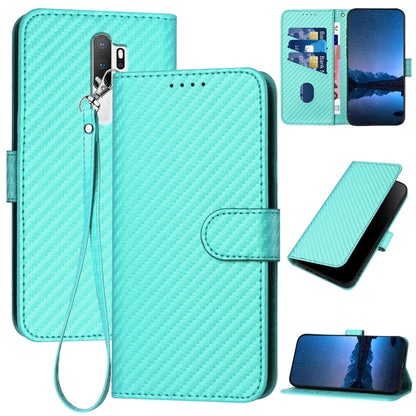 OPPO A11x Carbon Fiber Buckle Leather Phone Case with Lanyard, PU Leather TPU Wallet Cover with Card Slot, Cash Compartment, Stand Function & Scratch Protection