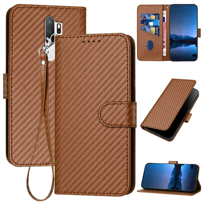 OPPO A11x Carbon Fiber Buckle Leather Phone Case with Lanyard, PU Leather TPU Wallet Cover with Card Slot, Cash Compartment, Stand Function & Scratch Protection