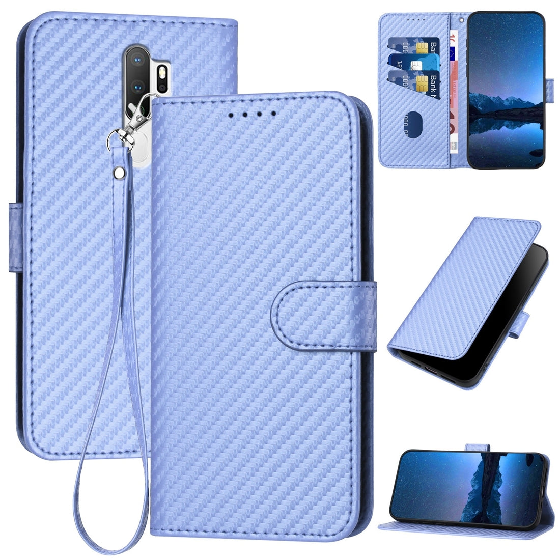 OPPO A5 2020 Carbon Fiber Buckle Leather Phone Case with Lanyard, PU Leather TPU Wallet Cover with Card Slot, Cash Compartment, Stand Function & Scratch Protection