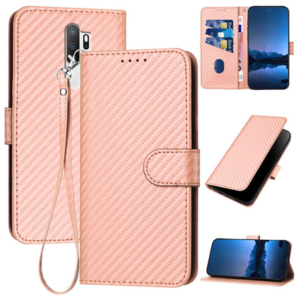 OPPO A11 Carbon Fiber Buckle Leather Phone Case with Lanyard, PU Leather TPU Wallet Cover with Card Slot, Cash Compartment, Stand Function & Scratch Protection