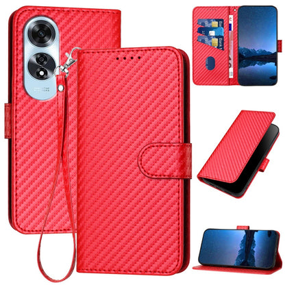 OPPO A60 Carbon Fiber Buckle Leather Phone Case with Lanyard, PU Leather TPU Wallet Cover with Card Slot, Cash Compartment, Stand Function & Scratch Protection