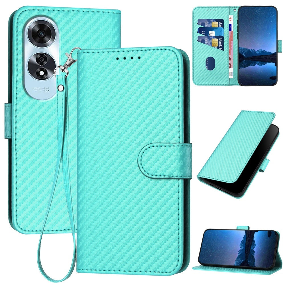 OPPO A60 Carbon Fiber Buckle Leather Phone Case with Lanyard, PU Leather TPU Wallet Cover with Card Slot, Cash Compartment, Stand Function & Scratch Protection
