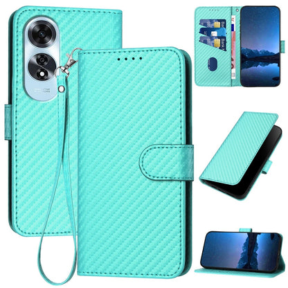 OPPO A60 Carbon Fiber Buckle Leather Phone Case with Lanyard, PU Leather TPU Wallet Cover with Card Slot, Cash Compartment, Stand Function & Scratch Protection