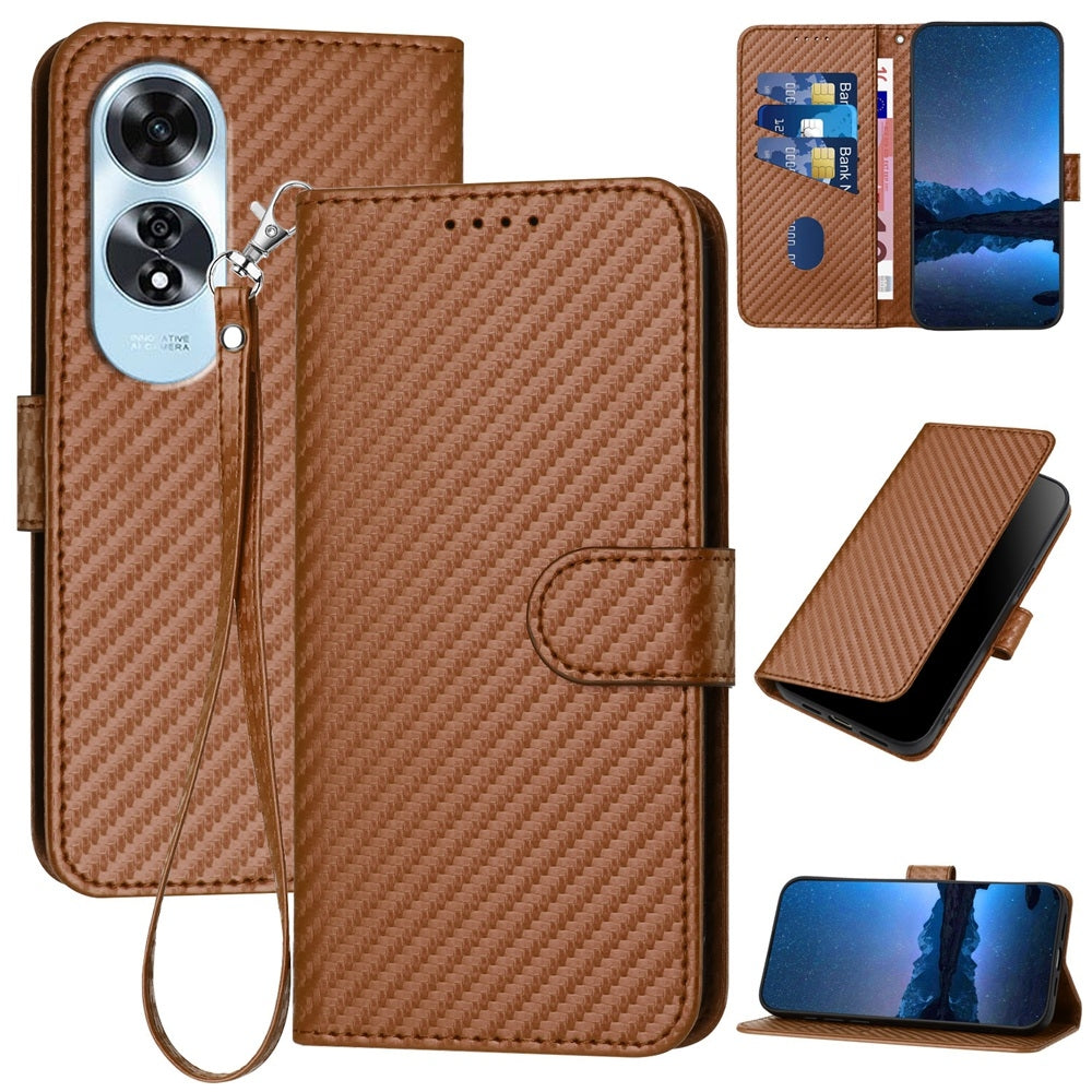 OPPO A60 Carbon Fiber Buckle Leather Phone Case with Lanyard, PU Leather TPU Wallet Cover with Card Slot, Cash Compartment, Stand Function & Scratch Protection