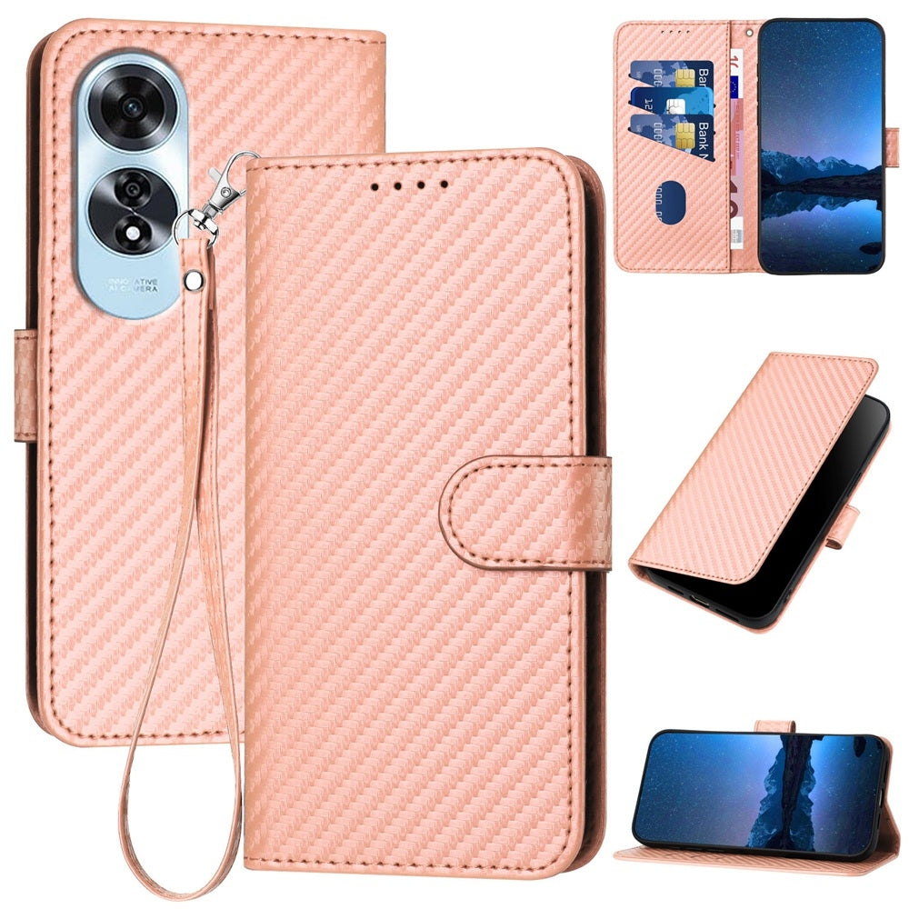 OPPO A60 Carbon Fiber Buckle Leather Phone Case with Lanyard, PU Leather TPU Wallet Cover with Card Slot, Cash Compartment, Stand Function & Scratch Protection