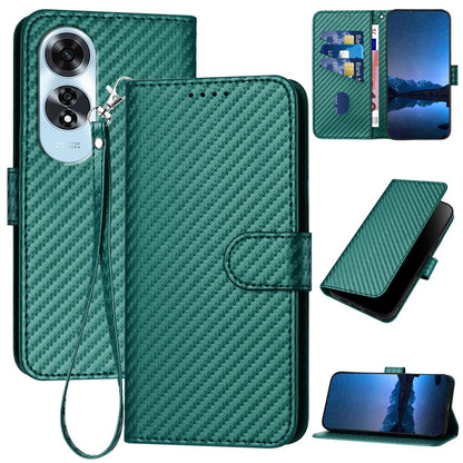 OPPO A60 Carbon Fiber Buckle Leather Phone Case with Lanyard, PU Leather TPU Wallet Cover with Card Slot, Cash Compartment, Stand Function & Scratch Protection