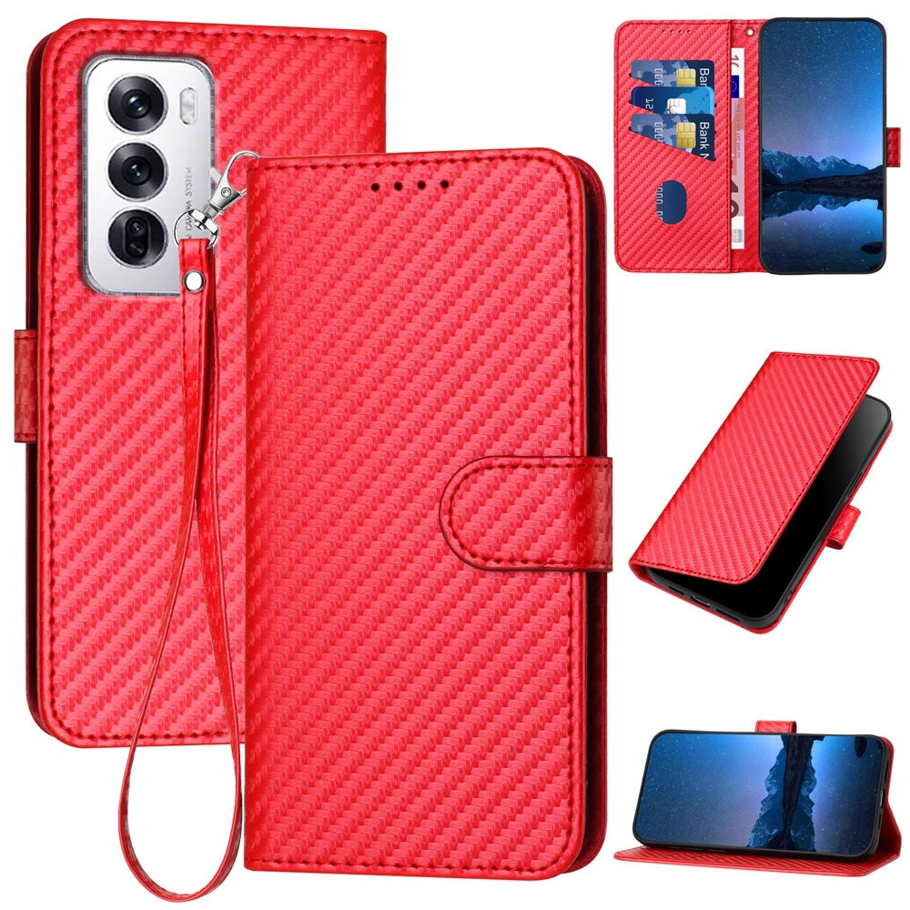 OPPO Reno12 Carbon Fiber Buckle Leather Phone Case with Lanyard, PU Leather TPU Wallet Cover with Card Slot, Cash Compartment, Stand Function & Scratch Protection
