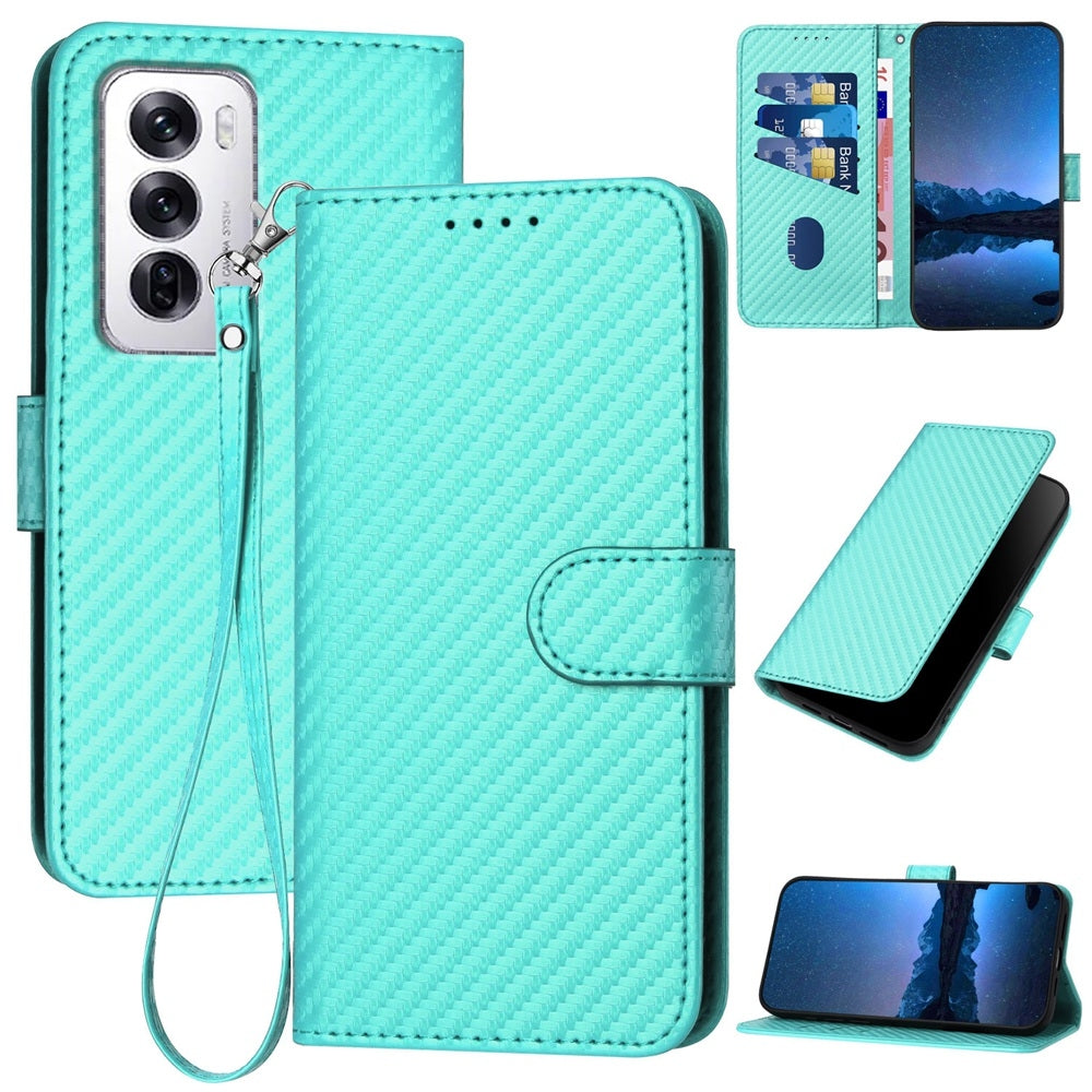 OPPO Reno12 Carbon Fiber Buckle Leather Phone Case with Lanyard, PU Leather TPU Wallet Cover with Card Slot, Cash Compartment, Stand Function & Scratch Protection