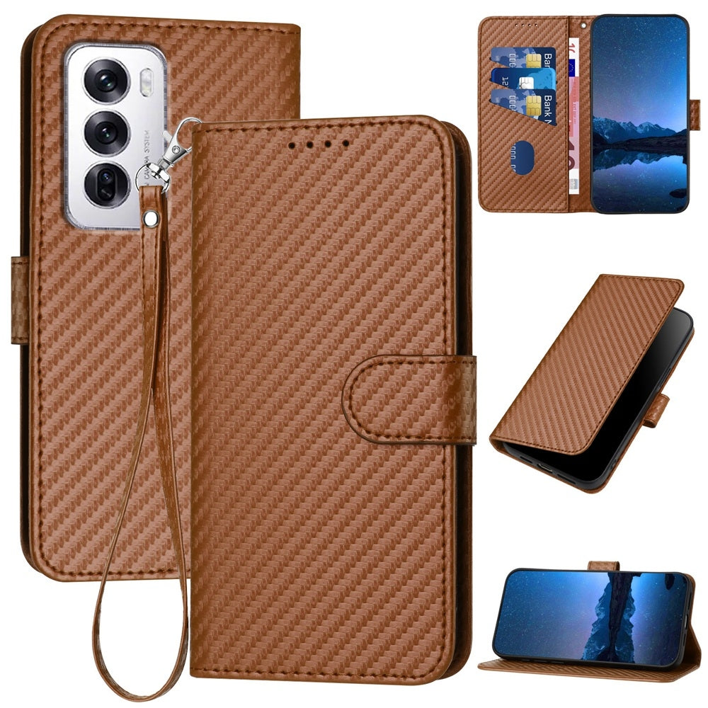 OPPO Reno12 Carbon Fiber Buckle Leather Phone Case with Lanyard, PU Leather TPU Wallet Cover with Card Slot, Cash Compartment, Stand Function & Scratch Protection