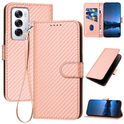 OPPO Reno12 Carbon Fiber Buckle Leather Phone Case with Lanyard, PU Leather TPU Wallet Cover with Card Slot, Cash Compartment, Stand Function & Scratch Protection