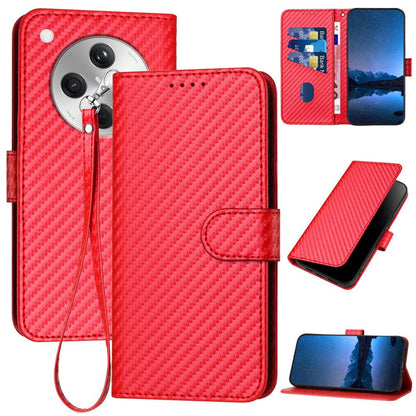 OPPO Find X8 Carbon Fiber Buckle Leather Phone Case with Lanyard, PU Leather TPU Wallet Cover with Card Slot, Cash Compartment, Stand Function & Scratch Protection