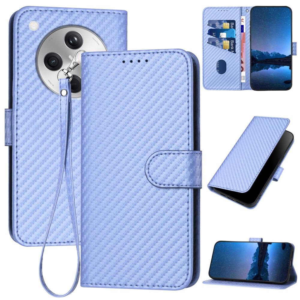 OPPO Find X8 Carbon Fiber Buckle Leather Phone Case with Lanyard, PU Leather TPU Wallet Cover with Card Slot, Cash Compartment, Stand Function & Scratch Protection