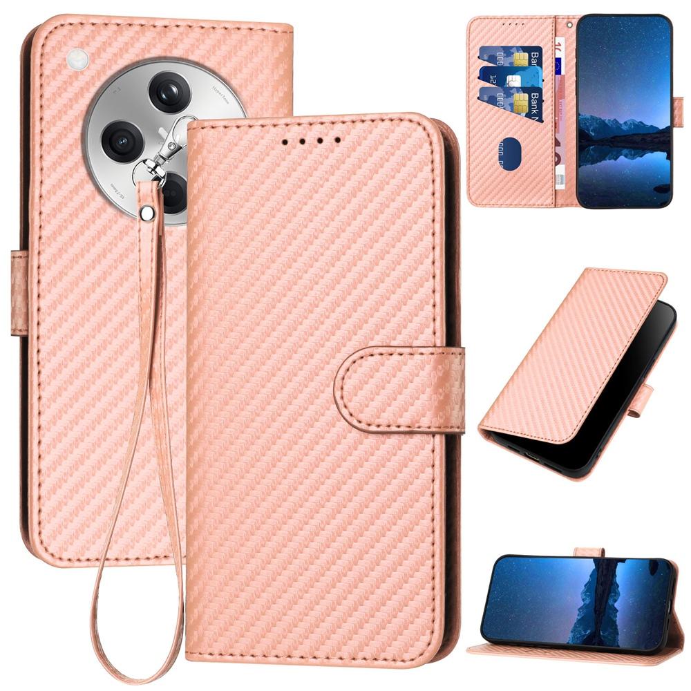 OPPO Find X8 Carbon Fiber Buckle Leather Phone Case with Lanyard, PU Leather TPU Wallet Cover with Card Slot, Cash Compartment, Stand Function & Scratch Protection