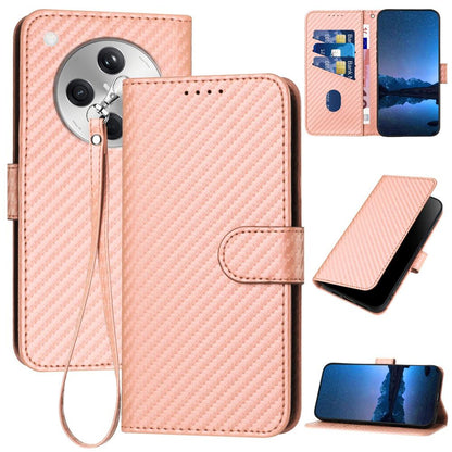 OPPO Find X8 Carbon Fiber Buckle Leather Phone Case with Lanyard, PU Leather TPU Wallet Cover with Card Slot, Cash Compartment, Stand Function & Scratch Protection