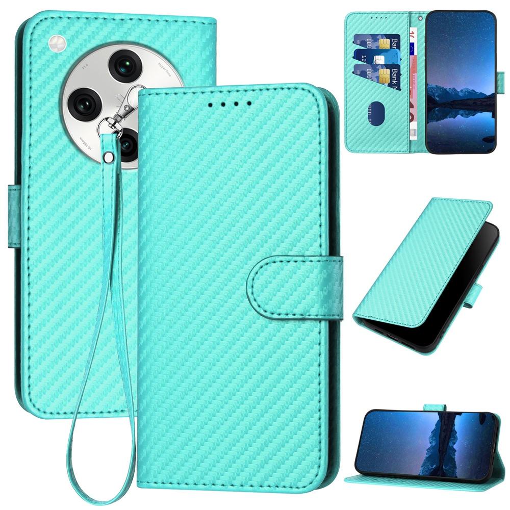 OPPO Find X8 Pro Carbon Fiber Buckle Leather Phone Case with Lanyard, PU Leather TPU Wallet Cover with Card Slot, Cash Compartment, Stand Function & Scratch Protection