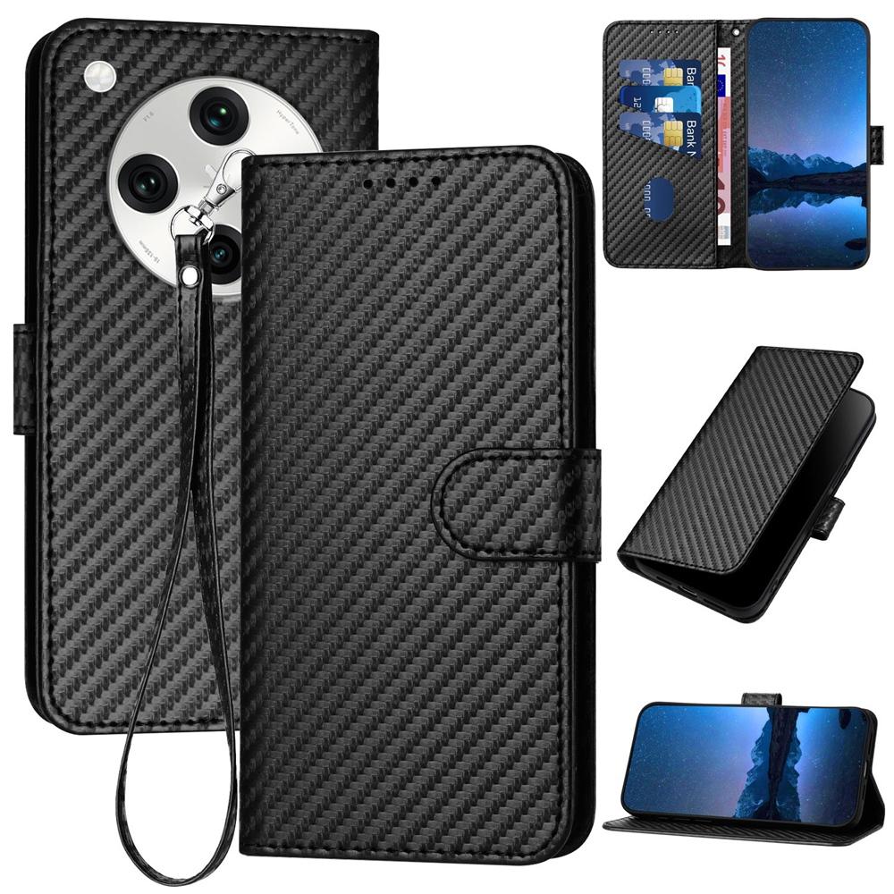 OPPO Find X8 Pro Carbon Fiber Buckle Leather Phone Case with Lanyard, PU Leather TPU Wallet Cover with Card Slot, Cash Compartment, Stand Function & Scratch Protection