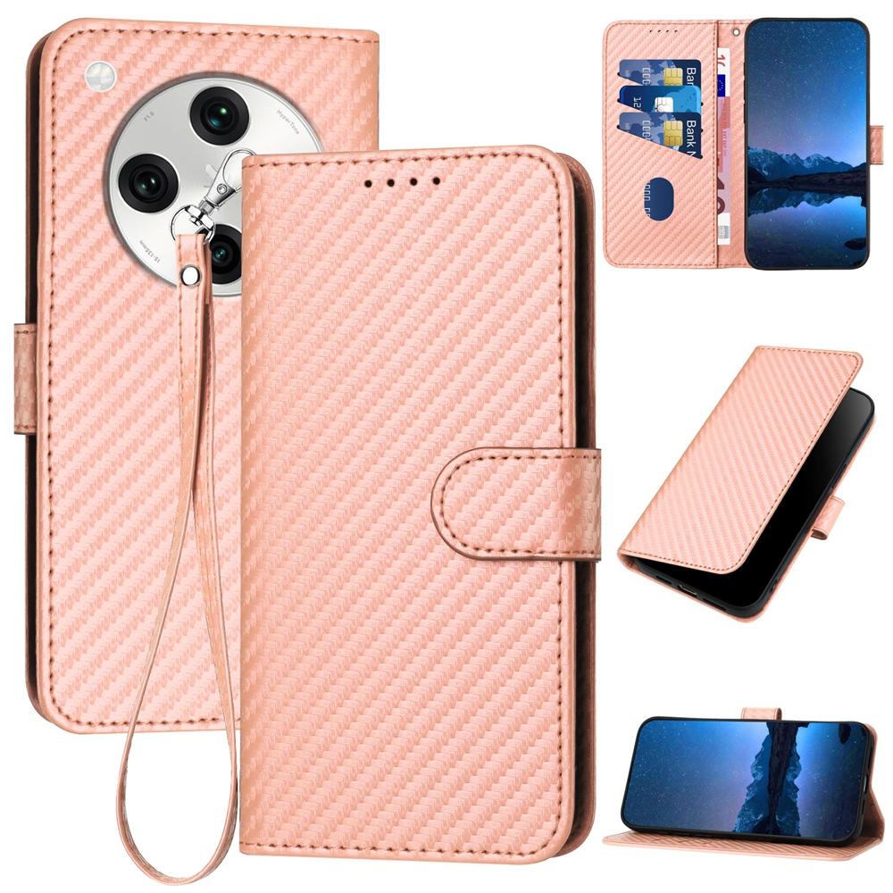 OPPO Find X8 Pro Carbon Fiber Buckle Leather Phone Case with Lanyard, PU Leather TPU Wallet Cover with Card Slot, Cash Compartment, Stand Function & Scratch Protection