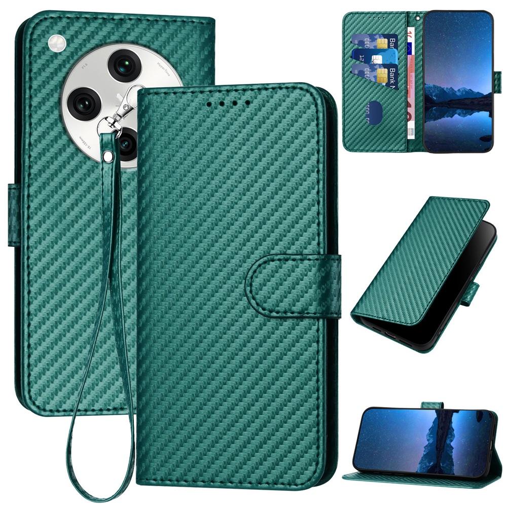 OPPO Find X8 Pro Carbon Fiber Buckle Leather Phone Case with Lanyard, PU Leather TPU Wallet Cover with Card Slot, Cash Compartment, Stand Function & Scratch Protection