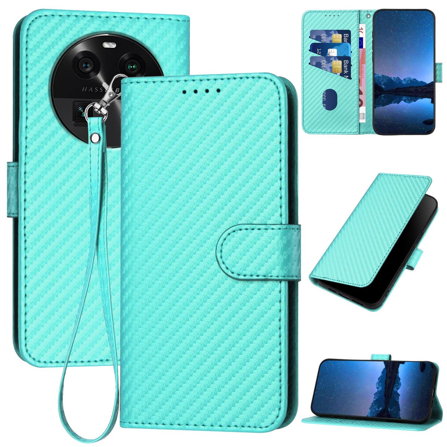 OPPO Find X6 Carbon Fiber Buckle Leather Phone Case with Lanyard, PU Leather TPU Wallet Cover with Card Slot, Cash Compartment, Stand Function & Scratch Protection