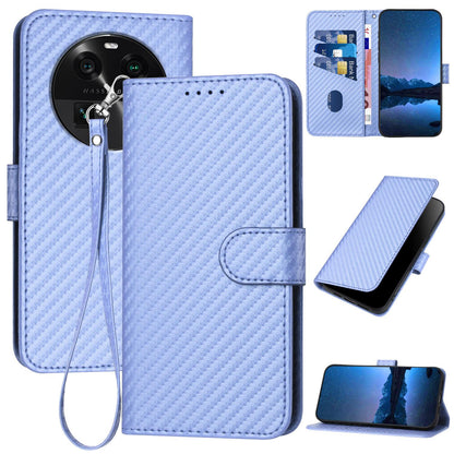 OPPO Find X6 Carbon Fiber Buckle Leather Phone Case with Lanyard, PU Leather TPU Wallet Cover with Card Slot, Cash Compartment, Stand Function & Scratch Protection
