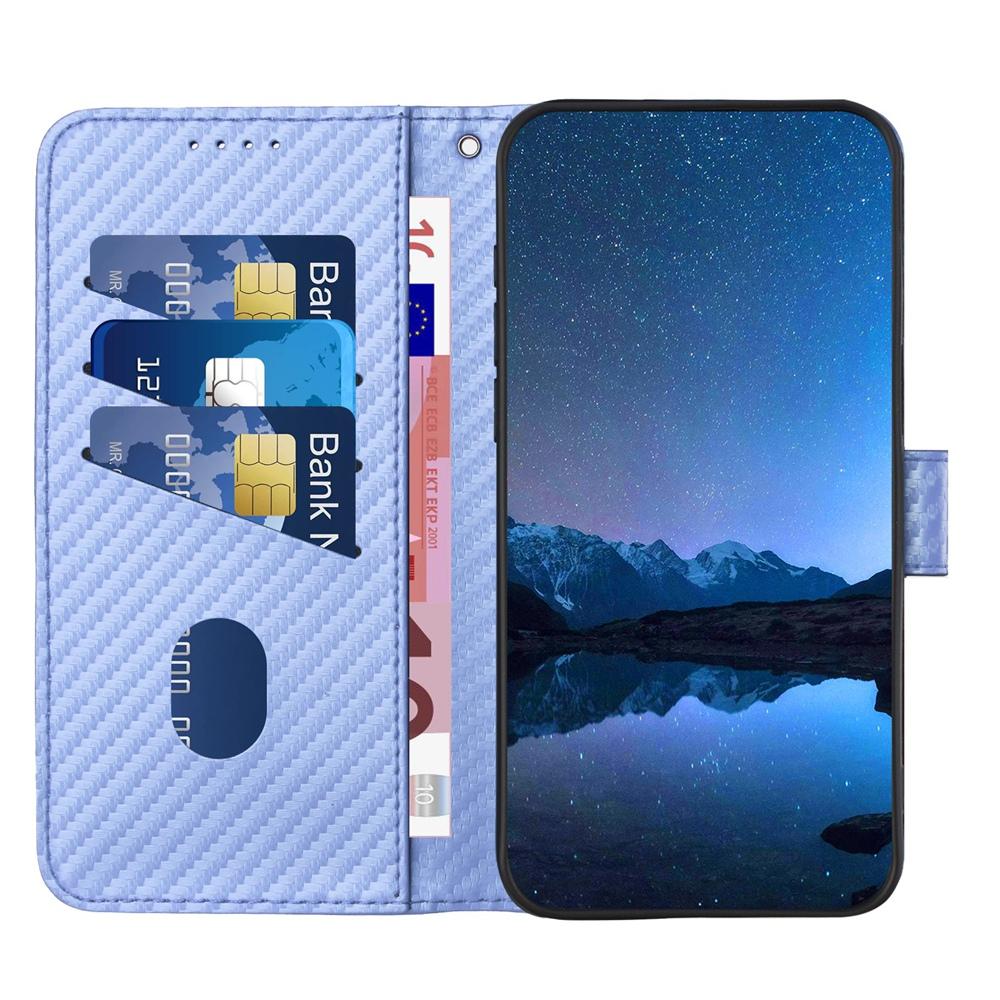 OPPO Find X6 Carbon Fiber Buckle Leather Phone Case with Lanyard, PU Leather TPU Wallet Cover with Card Slot, Cash Compartment, Stand Function & Scratch Protection