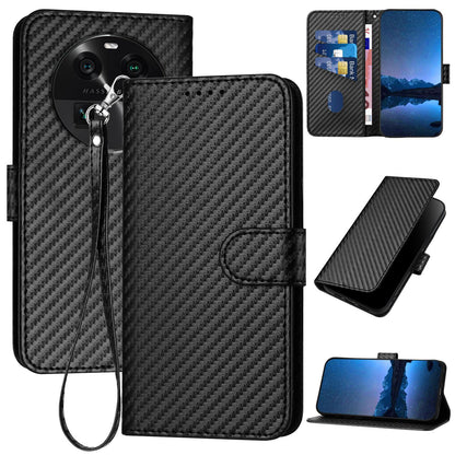 OPPO Find X6 Carbon Fiber Buckle Leather Phone Case with Lanyard, PU Leather TPU Wallet Cover with Card Slot, Cash Compartment, Stand Function & Scratch Protection