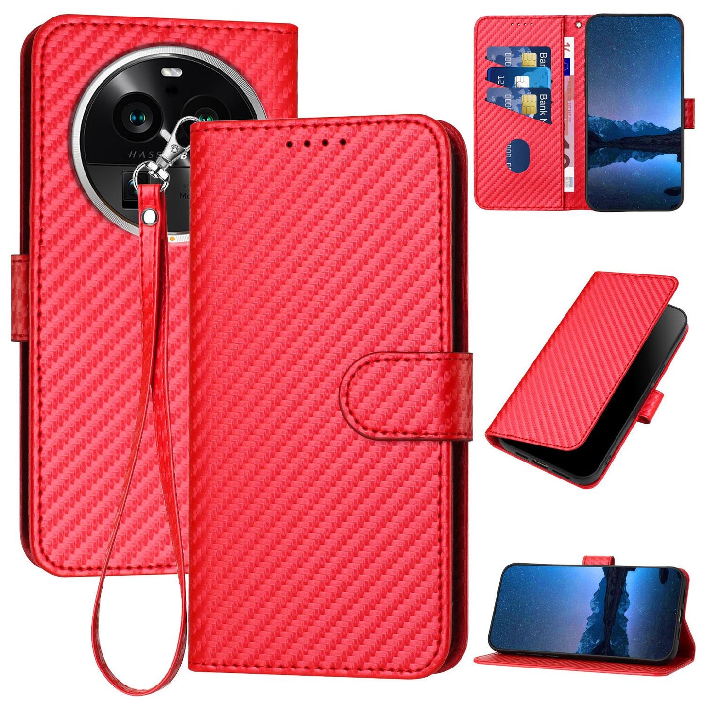 OPPO Find X6 Pro Carbon Fiber Buckle Leather Phone Case with Lanyard, PU Leather TPU Wallet Cover with Card Slot, Cash Compartment, Stand Function & Scratch Protection
