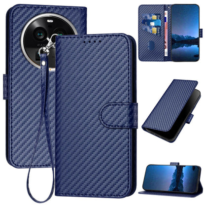 OPPO Find X6 Pro Carbon Fiber Buckle Leather Phone Case with Lanyard, PU Leather TPU Wallet Cover with Card Slot, Cash Compartment, Stand Function & Scratch Protection