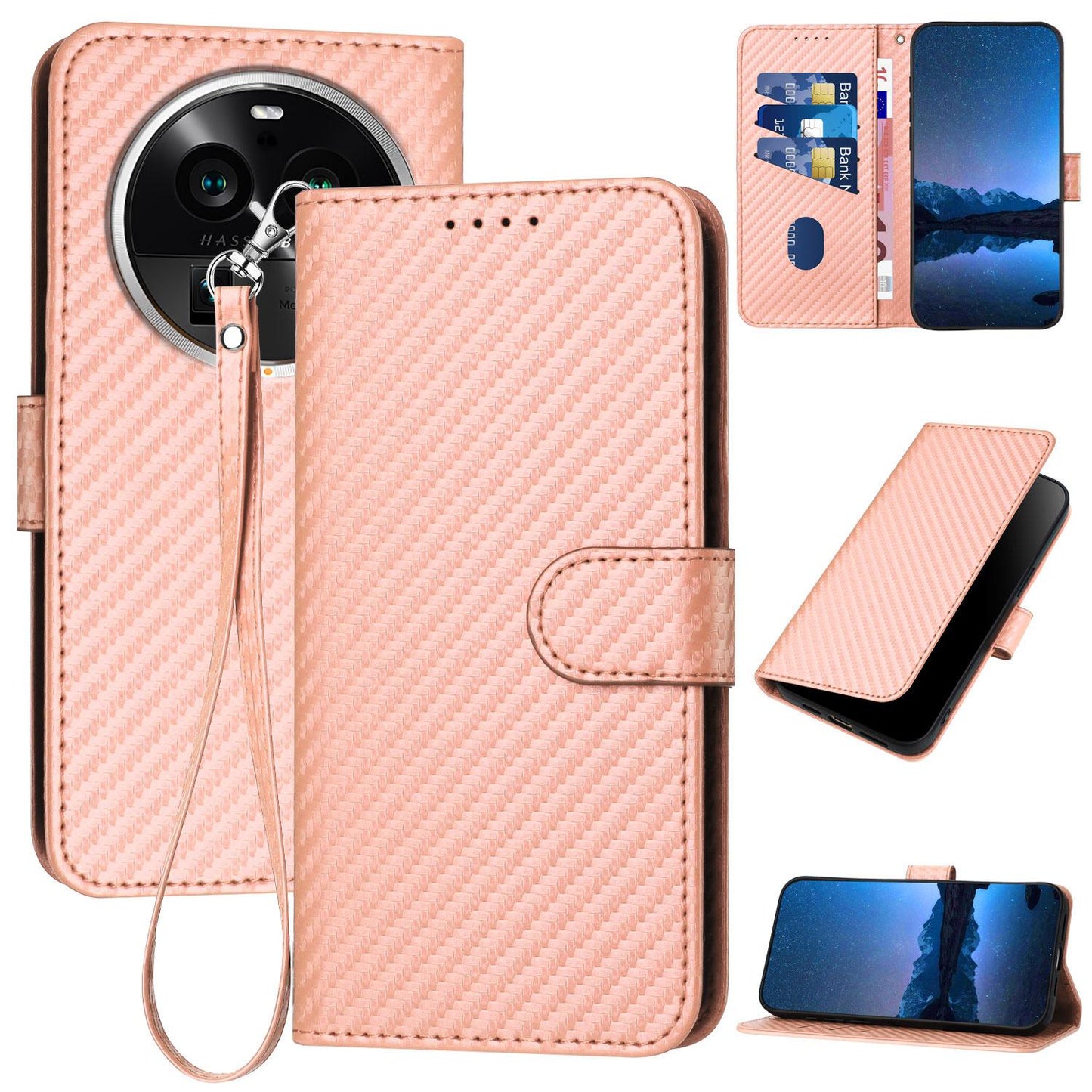 OPPO Find X6 Pro Carbon Fiber Buckle Leather Phone Case with Lanyard, PU Leather TPU Wallet Cover with Card Slot, Cash Compartment, Stand Function & Scratch Protection