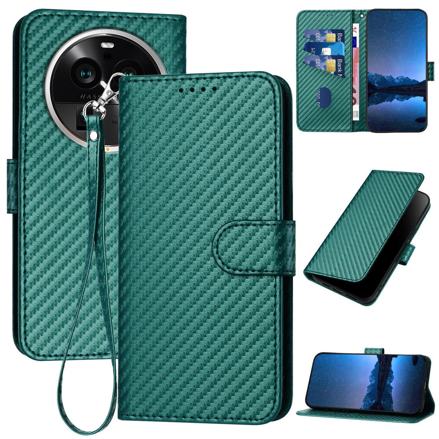OPPO Find X6 Pro Carbon Fiber Buckle Leather Phone Case with Lanyard, PU Leather TPU Wallet Cover with Card Slot, Cash Compartment, Stand Function & Scratch Protection