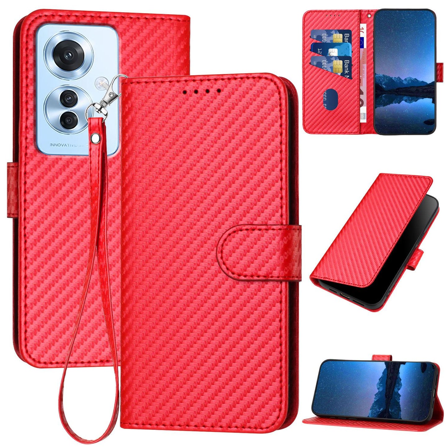 OPPO F25 Pro Carbon Fiber Buckle Leather Phone Case with Lanyard, PU Leather TPU Wallet Cover with Card Slot, Cash Compartment, Stand Function & Scratch Protection