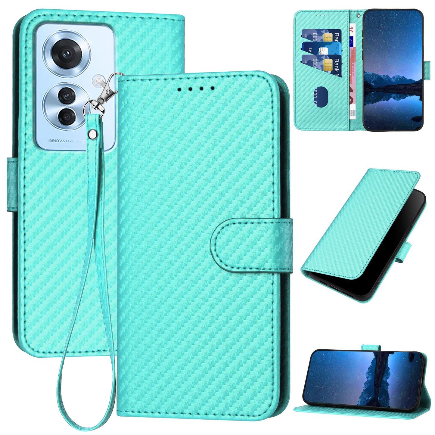 OPPO Reno11 F Carbon Fiber Buckle Leather Phone Case with Lanyard, PU Leather TPU Wallet Cover with Card Slot, Cash Compartment, Stand Function & Scratch Protection