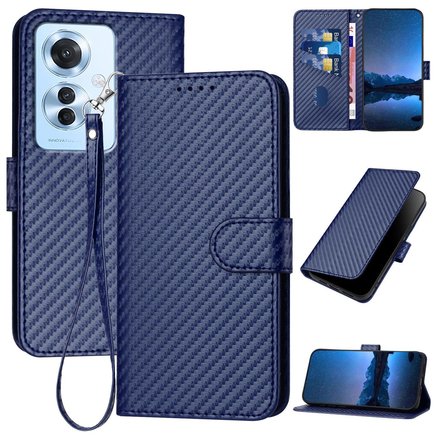 OPPO Reno11 F Carbon Fiber Buckle Leather Phone Case with Lanyard, PU Leather TPU Wallet Cover with Card Slot, Cash Compartment, Stand Function & Scratch Protection