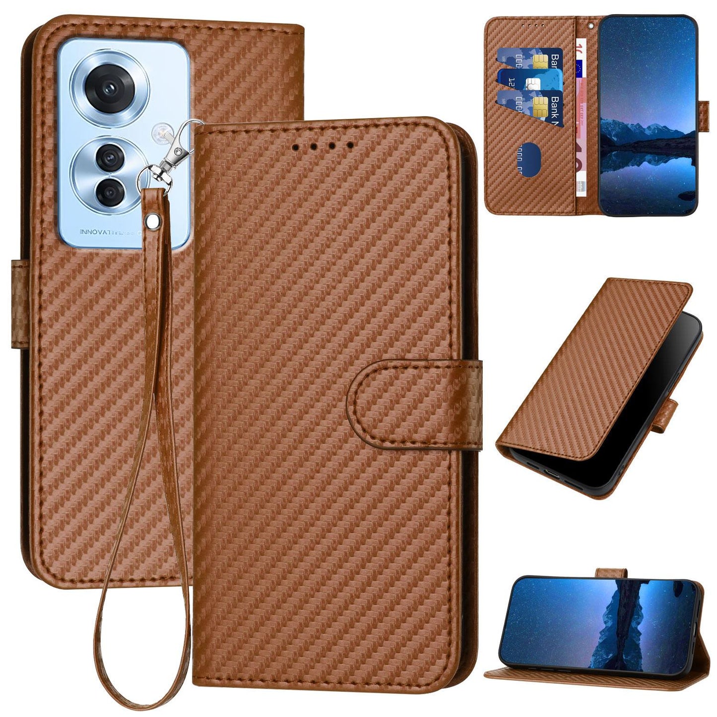OPPO F25 Pro Carbon Fiber Buckle Leather Phone Case with Lanyard, PU Leather TPU Wallet Cover with Card Slot, Cash Compartment, Stand Function & Scratch Protection