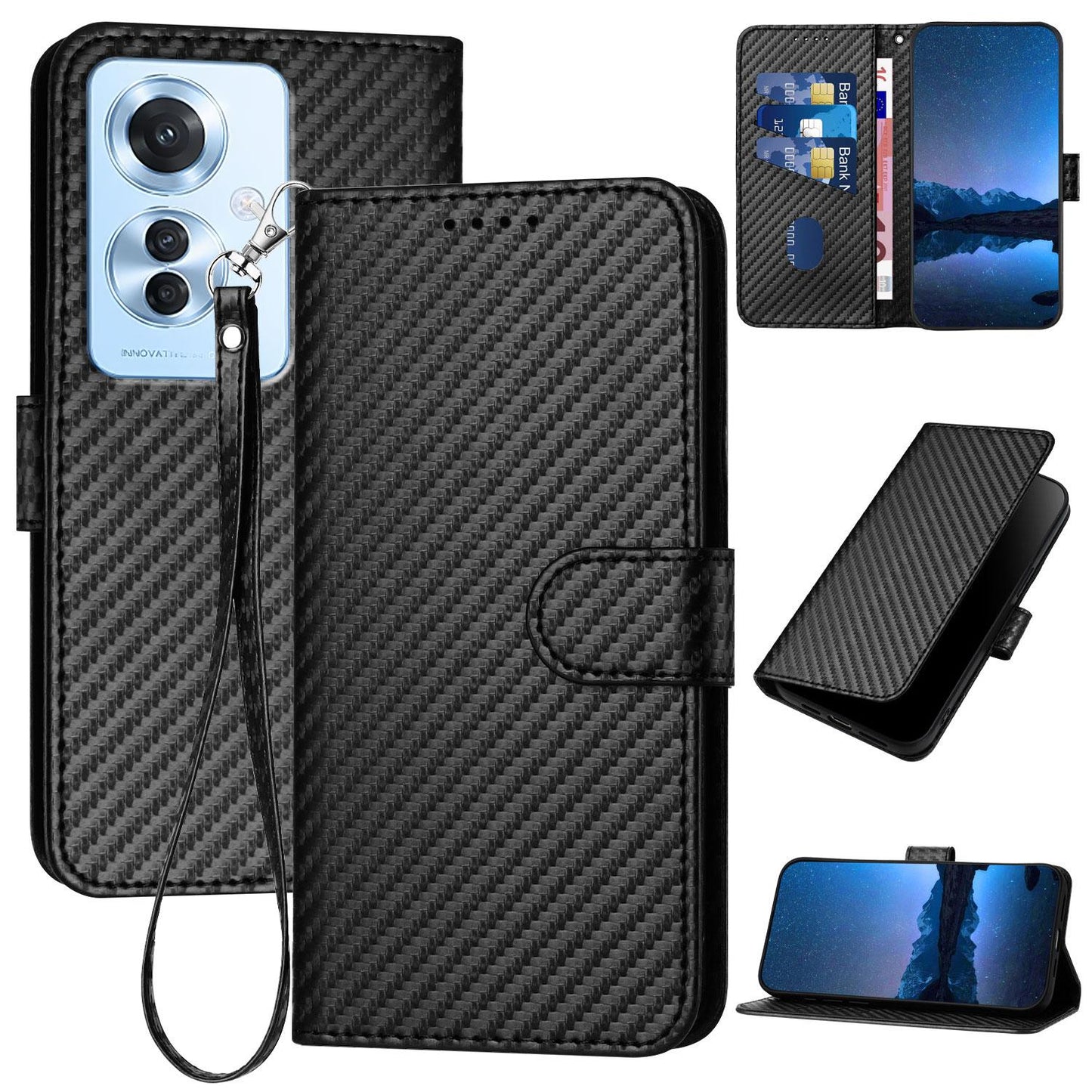 OPPO F25 Pro Carbon Fiber Buckle Leather Phone Case with Lanyard, PU Leather TPU Wallet Cover with Card Slot, Cash Compartment, Stand Function & Scratch Protection