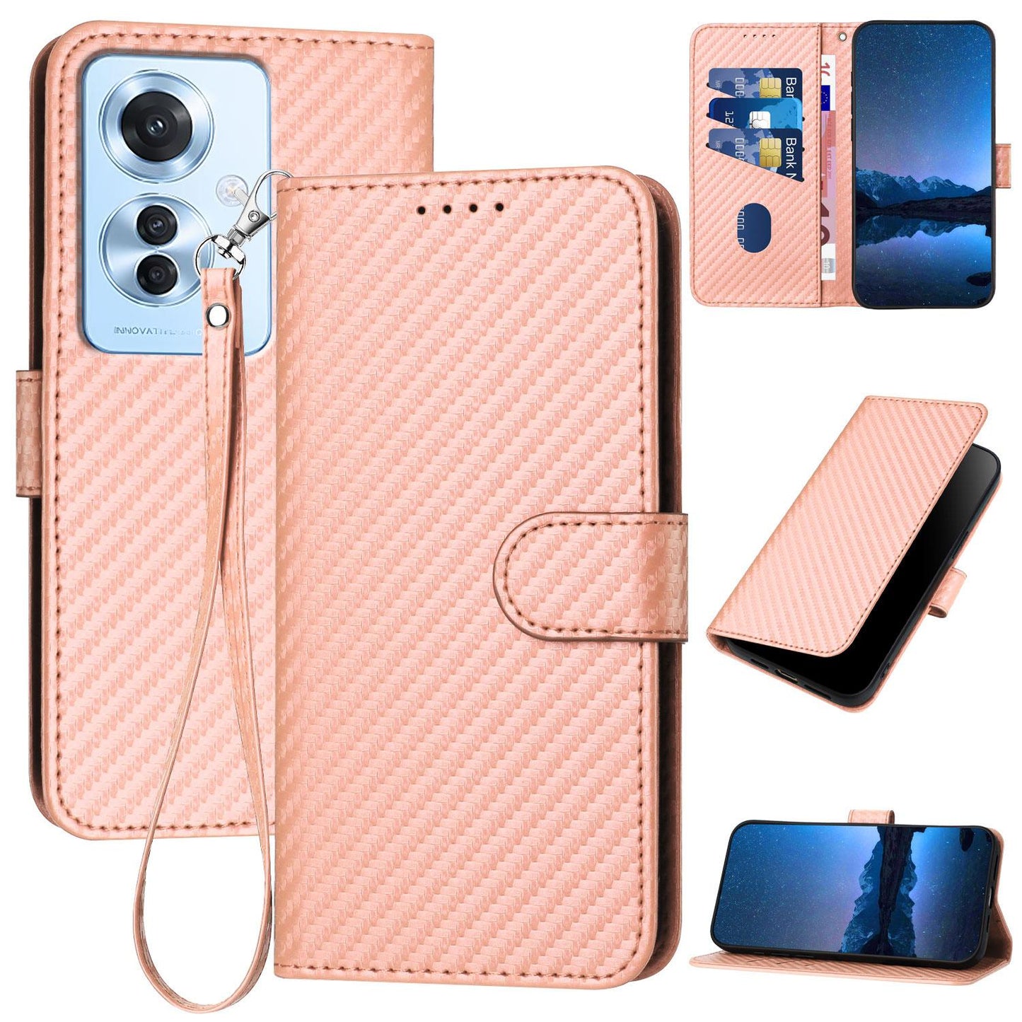 OPPO Reno11 F Carbon Fiber Buckle Leather Phone Case with Lanyard, PU Leather TPU Wallet Cover with Card Slot, Cash Compartment, Stand Function & Scratch Protection