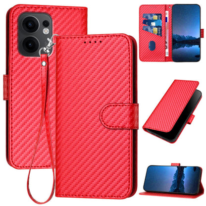 OPPO Reno13 F 4G Carbon Fiber Buckle Leather Phone Case with Lanyard, PU Leather TPU Wallet Cover with Card Slot, Cash Compartment, Stand Function & Scratch Protection