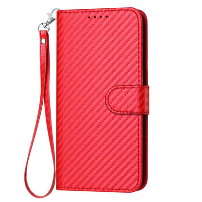 OPPO Reno13 F 4G Carbon Fiber Buckle Leather Phone Case with Lanyard, PU Leather TPU Wallet Cover with Card Slot, Cash Compartment, Stand Function & Scratch Protection