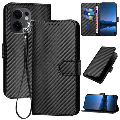 OPPO Reno13 F 5G Carbon Fiber Buckle Leather Phone Case with Lanyard, PU Leather TPU Wallet Cover with Card Slot, Cash Compartment, Stand Function & Scratch Protection