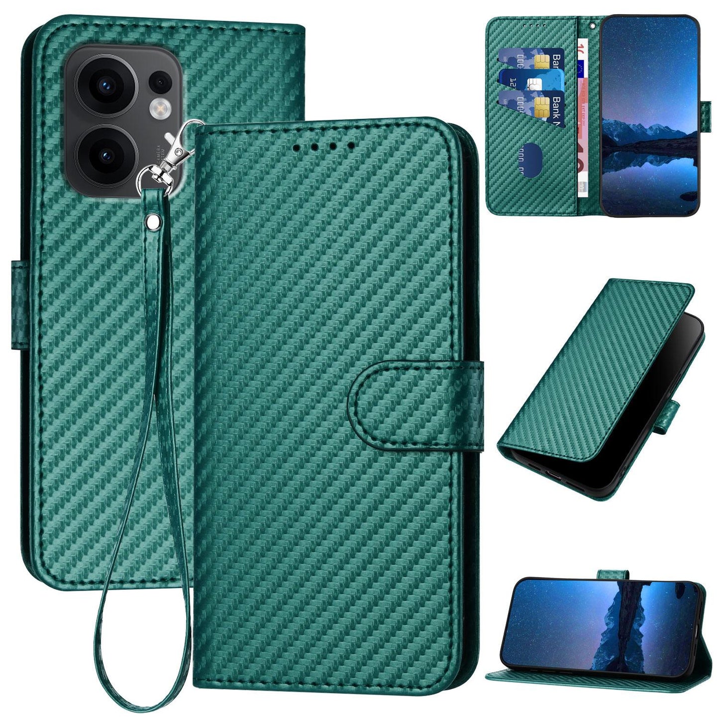 OPPO Reno13 F 4G Carbon Fiber Buckle Leather Phone Case with Lanyard, PU Leather TPU Wallet Cover with Card Slot, Cash Compartment, Stand Function & Scratch Protection