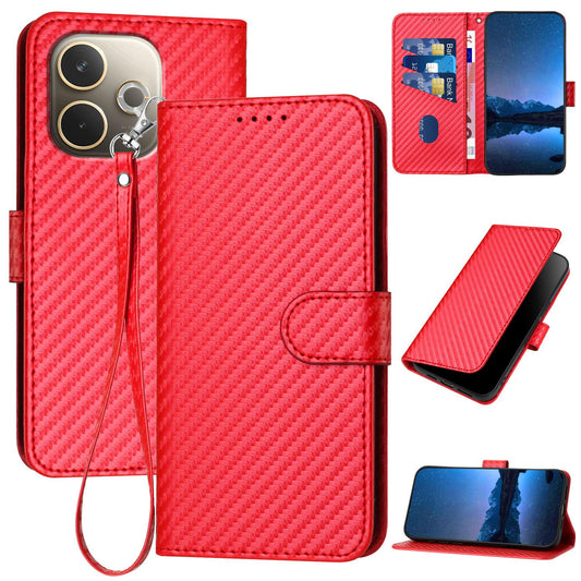 OPPO A5 Pro 5G Carbon Fiber Buckle Leather Phone Case with Lanyard, PU Leather TPU Wallet Cover with Card Slot, Cash Compartment, Stand Function & Scratch Protection