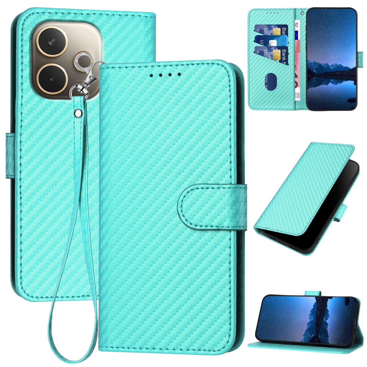 OPPO A5 Pro 5G Carbon Fiber Buckle Leather Phone Case with Lanyard, PU Leather TPU Wallet Cover with Card Slot, Cash Compartment, Stand Function & Scratch Protection