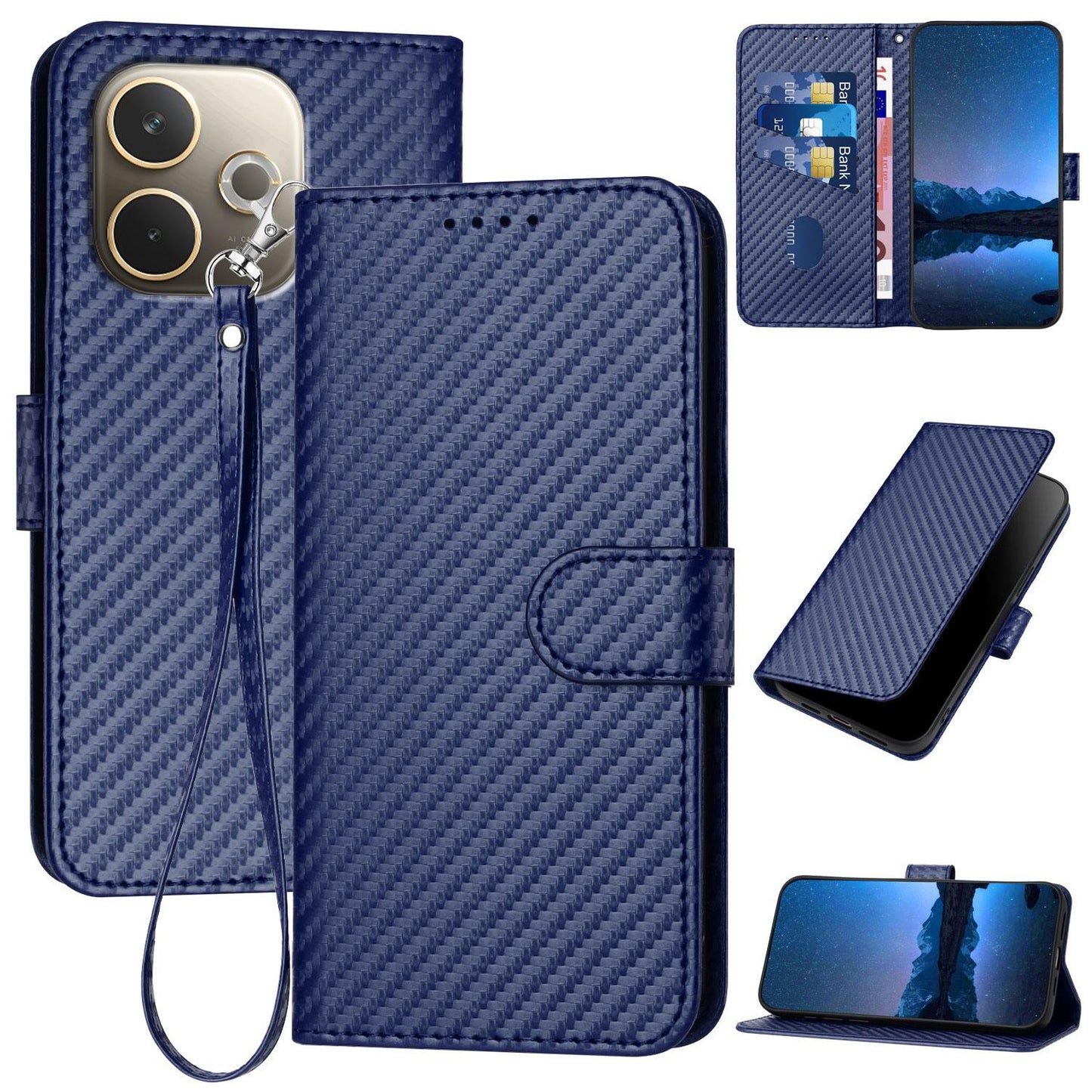 OPPO A5 Pro 5G Carbon Fiber Buckle Leather Phone Case with Lanyard, PU Leather TPU Wallet Cover with Card Slot, Cash Compartment, Stand Function & Scratch Protection