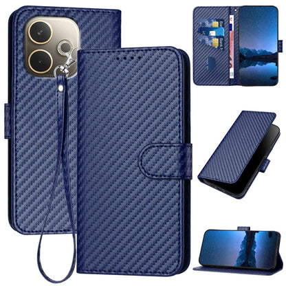 OPPO A5 Pro 5G Carbon Fiber Buckle Leather Phone Case with Lanyard, PU Leather TPU Wallet Cover with Card Slot, Cash Compartment, Stand Function & Scratch Protection
