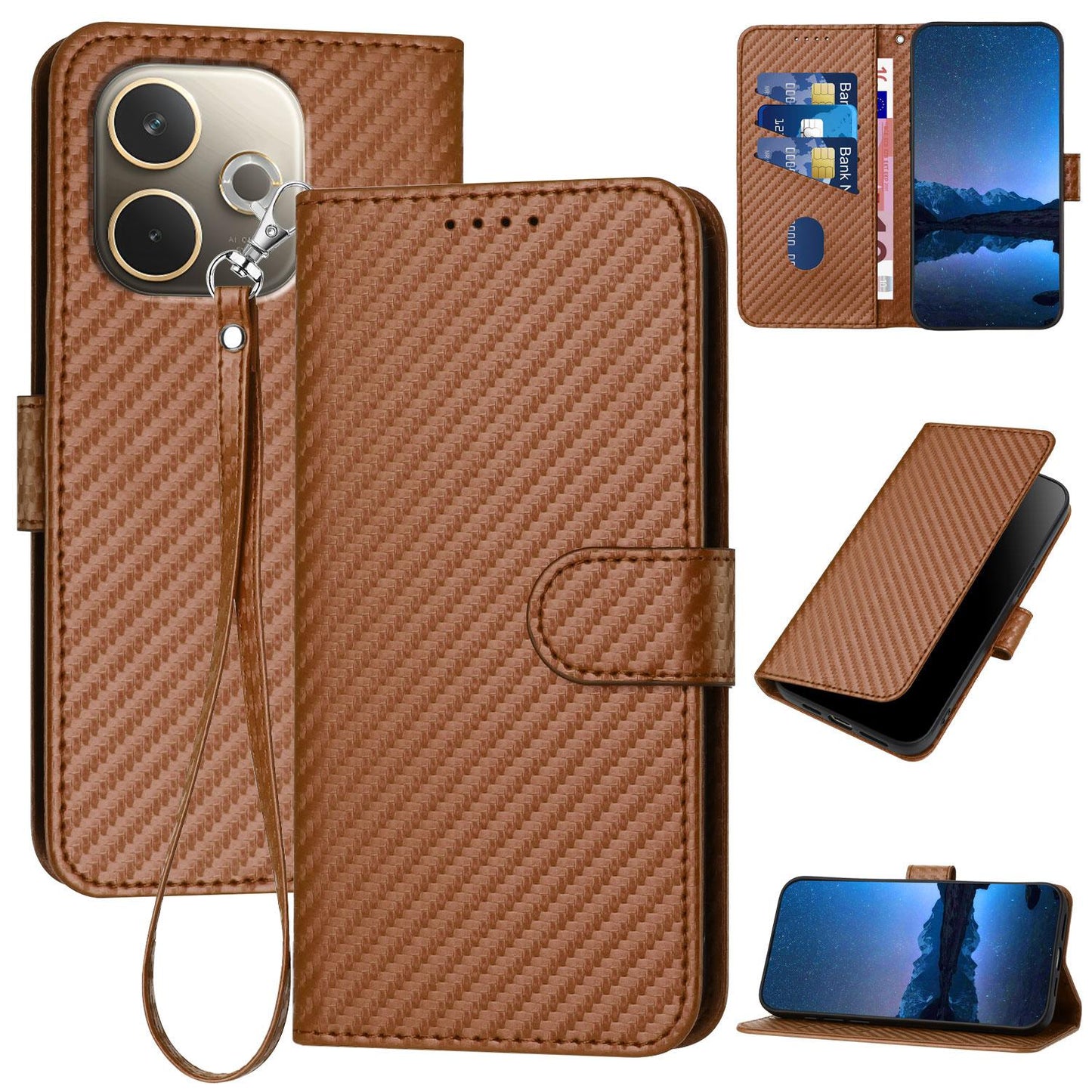 OPPO A5 Pro 5G Carbon Fiber Buckle Leather Phone Case with Lanyard, PU Leather TPU Wallet Cover with Card Slot, Cash Compartment, Stand Function & Scratch Protection