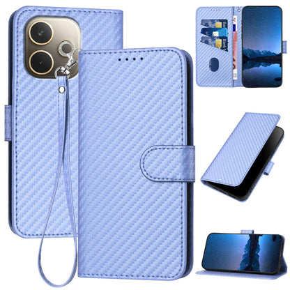 OPPO A5 Pro 5G Carbon Fiber Buckle Leather Phone Case with Lanyard, PU Leather TPU Wallet Cover with Card Slot, Cash Compartment, Stand Function & Scratch Protection