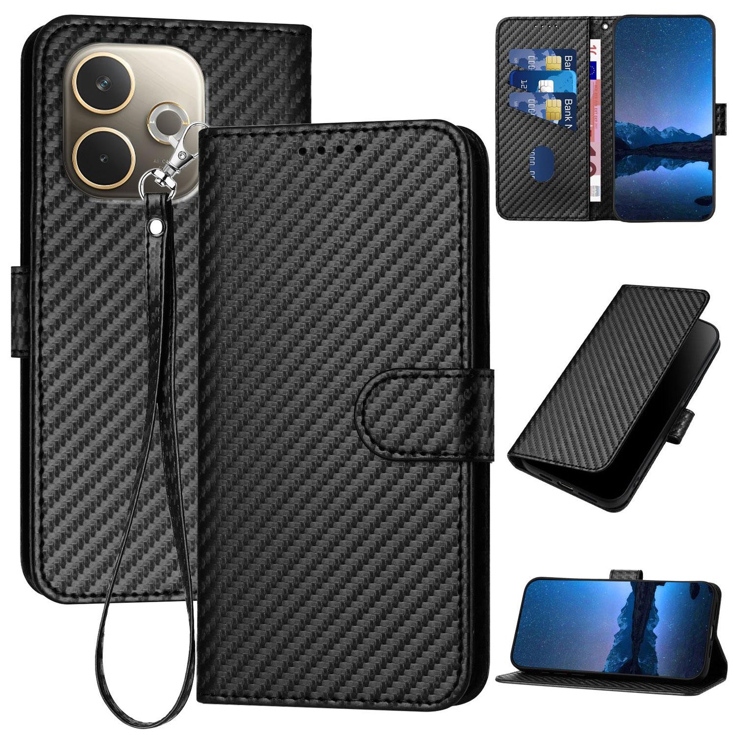 OPPO A5 Pro 5G Carbon Fiber Buckle Leather Phone Case with Lanyard, PU Leather TPU Wallet Cover with Card Slot, Cash Compartment, Stand Function & Scratch Protection