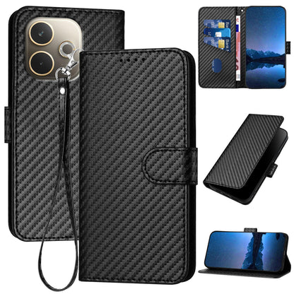 OPPO A5 Pro 5G Carbon Fiber Buckle Leather Phone Case with Lanyard, PU Leather TPU Wallet Cover with Card Slot, Cash Compartment, Stand Function & Scratch Protection