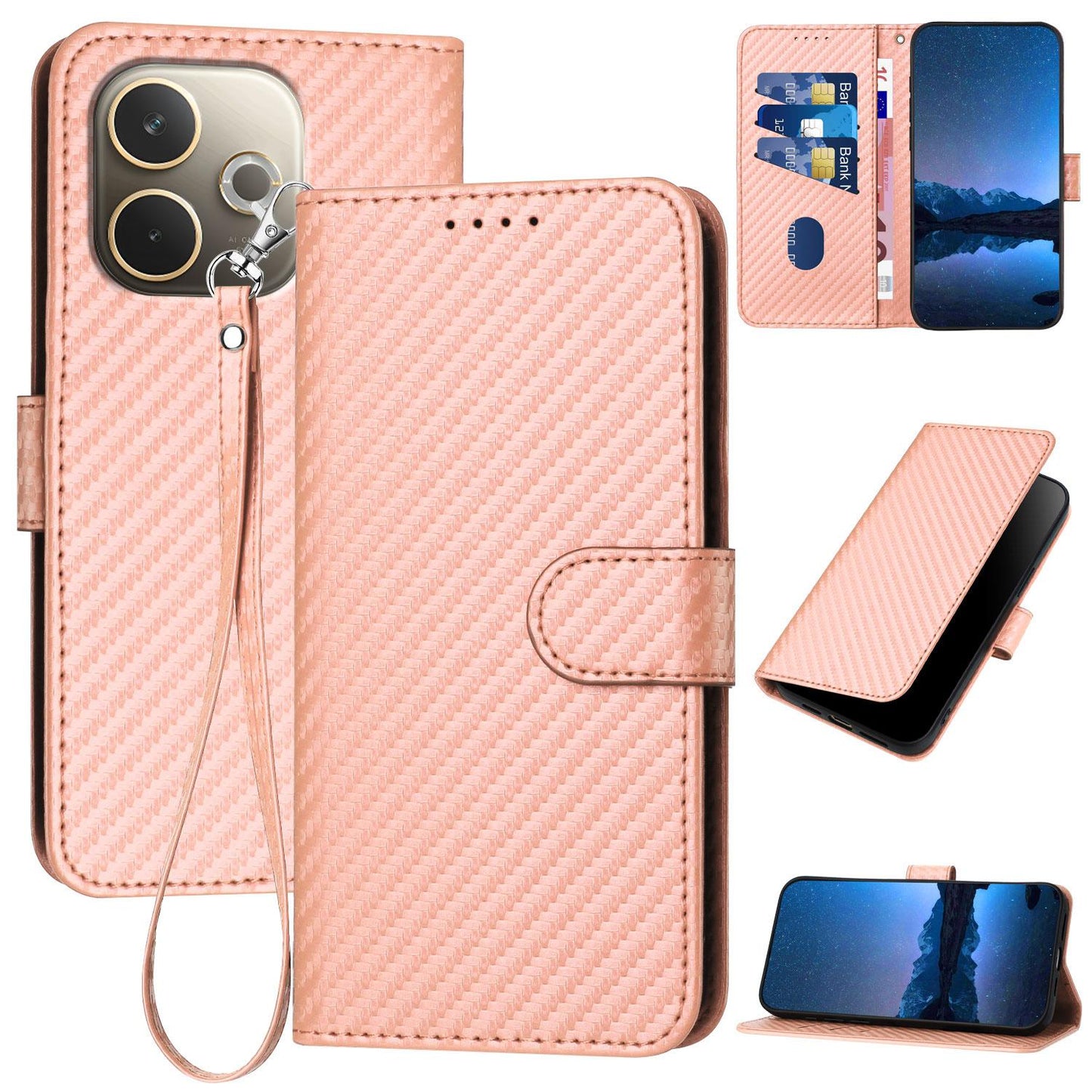 OPPO A5 Pro 5G Carbon Fiber Buckle Leather Phone Case with Lanyard, PU Leather TPU Wallet Cover with Card Slot, Cash Compartment, Stand Function & Scratch Protection
